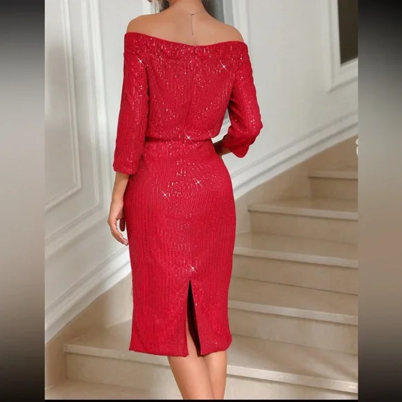 Luxe off shoulder slit thigh midi sequins dress - Picture 2 of 6